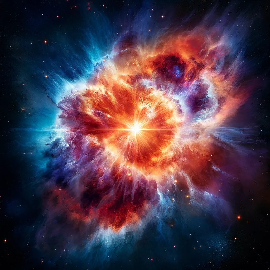 DALL·E 2024-06-12 17.53.53 – A vivid depiction of a nova explosion in space. The image should capture a bright, fiery outburst emitting from a star at the center, surrounded by a